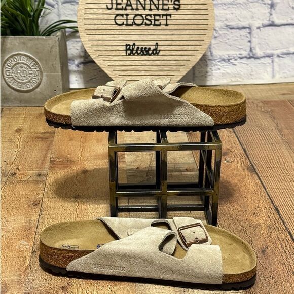 Birkenstock Arizona Soft Footbed Taupe Suede Leather Casual Unisex's Sandals - Picture 9 of 10